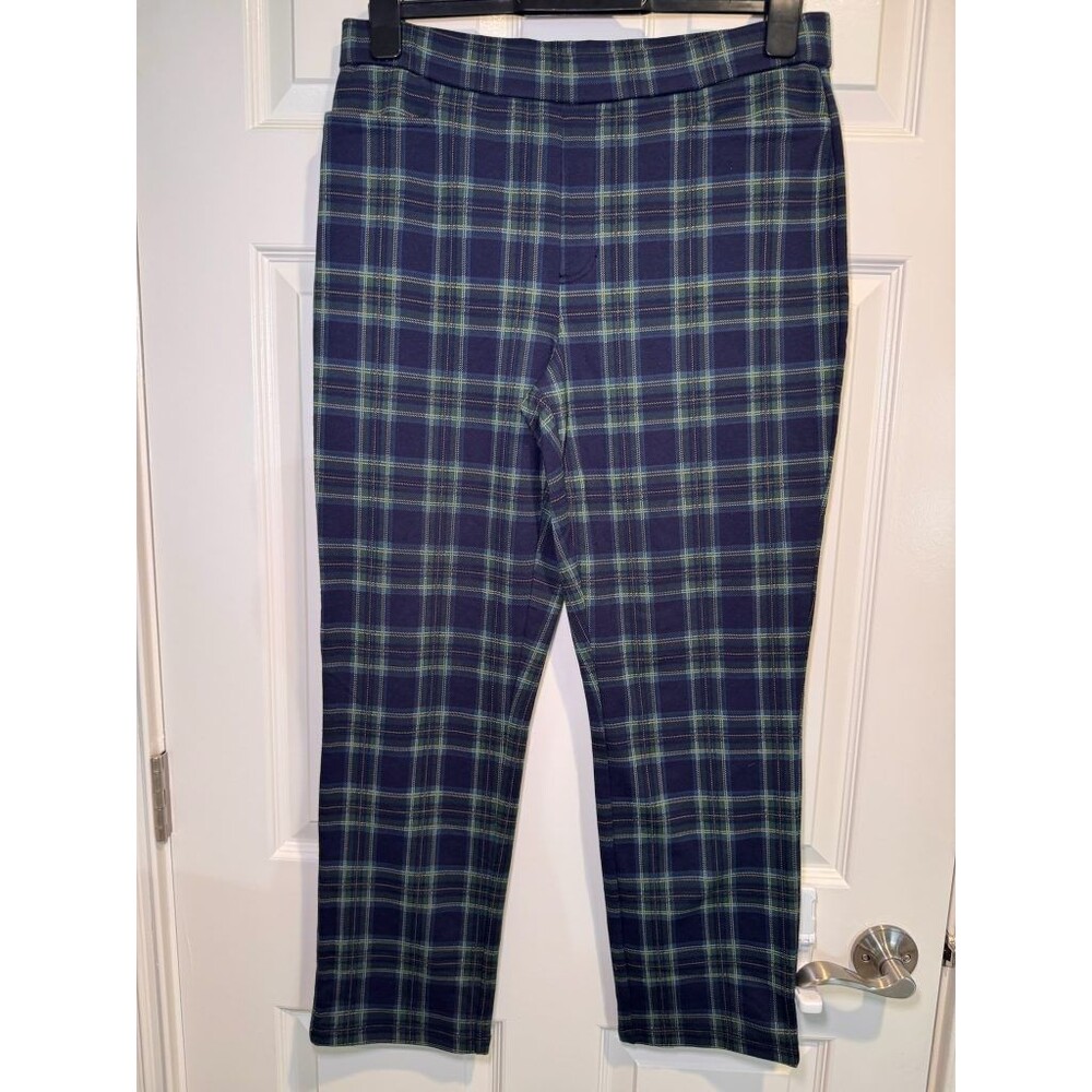 Susan Graver Weekend Womens M Navy Green Plaid Pull-On Ponte Pants Stretch
